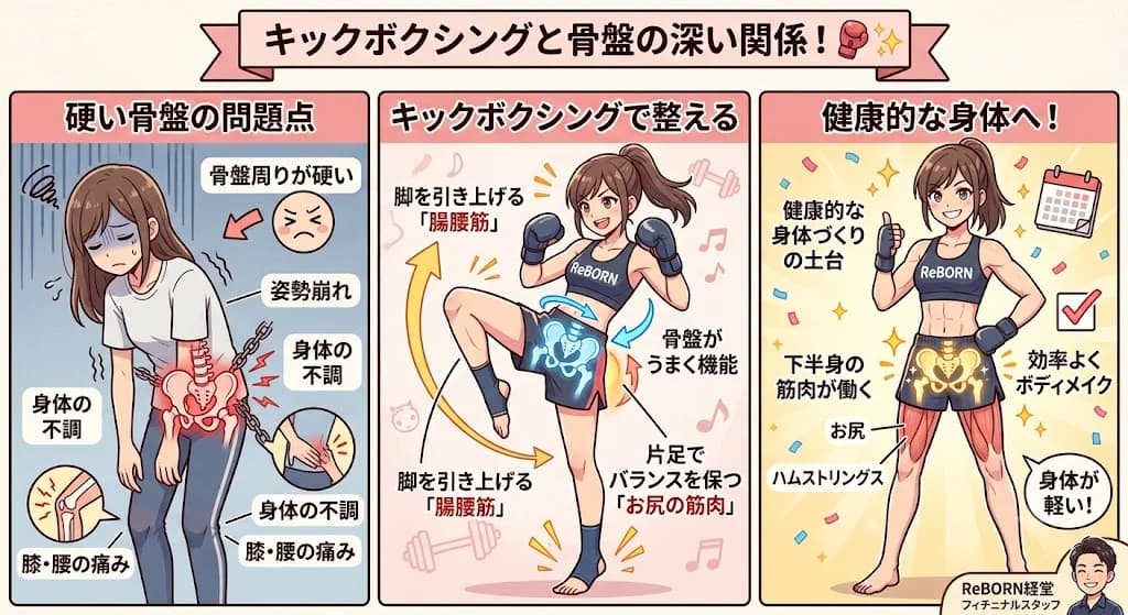 ジム内でサンドバッグに向かい、キックボクシングのフォームでトレーニングする女性会員の様子